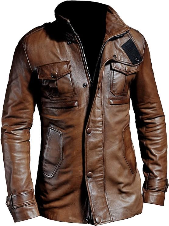 Antique Brown Wax Men's Real Leather Jacket Multi-Pockets Slim Fit Hip Length